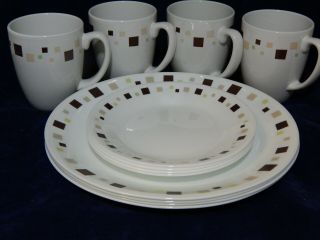 12 Piece Corelle Geometric Dinnerware Set Plates & Cups Brown & Green Squares