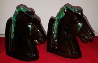 Blue Mountain Pottery Horse Head Bookends.  9 " Tall.  Traditional Green.