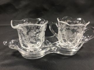 Duncan Miller Etched Glass First Love Pattern Mini Sugar And Creamer With Tray