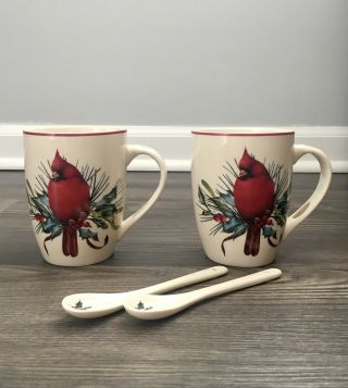 Lenox Winter Greetings Cocoa Mug With Spoon,  Set Of 2.  Collectibles/cardinals.