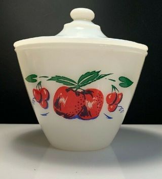Vintage Fire King Milk Glass Grease Jar Apples And Cherries 6 " H X 5.  5 " Dia.