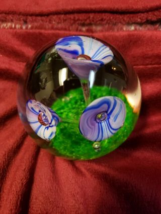 Vintage Blue And Purple Flowers Hand Blown Glass Paperweight 3 "