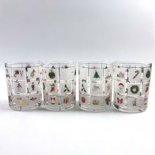 Vintage Culver Christmas Potpourri Glasses Set Of 4 Double Old Fashioned Signed