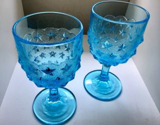 2 Vintage L.  G.  Wright Light Blue Pressed Glass Goblets Stars 10 Oz