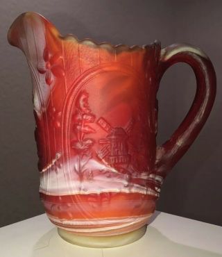 Vintage Imperial Slag Glass Ruby Red & White Windmill Pitcher 6.  5 "
