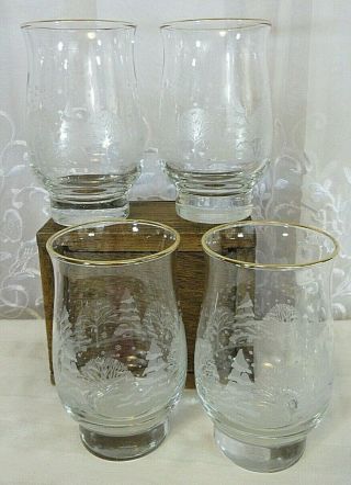Vtg Libbey Gold Trim Etched Arbys Christmas Holiday Set 4 Tumbler Glasses 5 1/4 "