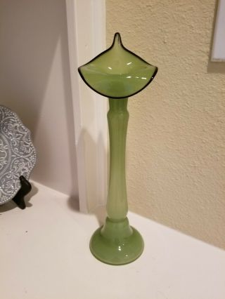 Vintage Green Art Glass 12 - 1/2 " Tall Jack In The Pulpit Vase