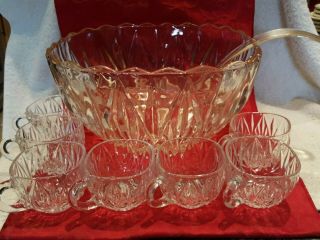 Vintage Hazel Atlas Williamsport Clear Glass Punch Bowl,  7 Cups & Ladle