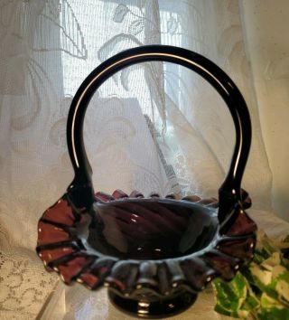 Fenton - Purple Amethyst Glass Handled Basket Swirled With Ruffled Top -