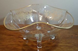 Vintage Ruffled Clear Glass Footed Serving Bowl With Gold Etched Design