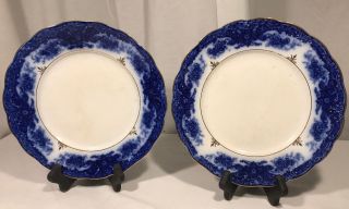 2 Antique La Francaise Flow Blue Dinner Plates 9 1/4 " Gold Detail Floral