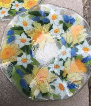 Peggy Karr Signed Fused Art Glass Plate Daffodils - Round Bowl - Flat Plate (2)