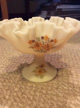 Vintage Fenton Art Glass Daisies On Cameo Satin Compote Signed Tim T.  1970 