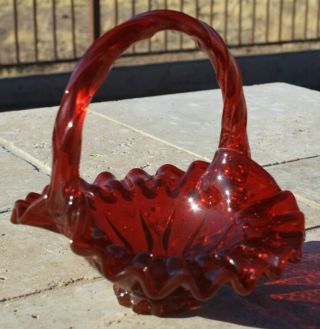 Vintage Art Glass Mini Basket In Ruby Red Marked Fenton Crimped Pie Crust Edge