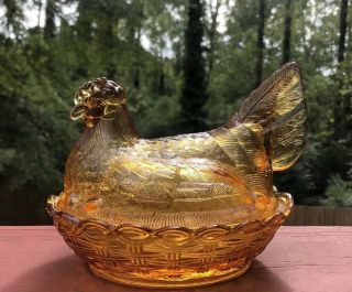 Vintage Indiana Amber Glass Hen On Nest Candy Dish 4 1/2 Tall