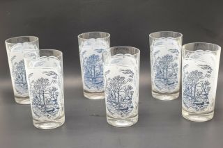 6 Vintage Royal Currier & Ives Blue White Set Of 6 Drinking Tumblers Glasses
