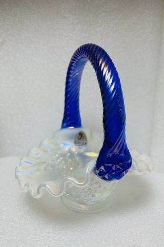 Fenton Mini Opalescent Glass Basket With Blue Handle