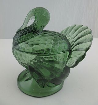 Vintage L E Smith Heavy,  Thick,  Green Covered Glass Turkey Candy Dish 7.  5” Tall