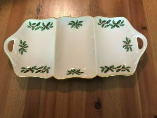 Lenox Holiday 3 Part/section Serving Tray Holly Berries W/24k Gold - 13 1/4 "