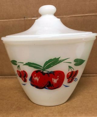 Vintage Fire King Apples & Cherries Glass Grease Jar Bowl And Lid Splash Proof