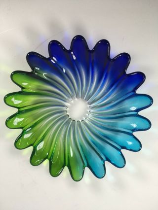 Blue Green Aqua Swirl Art Glass Candy Trinket Dish 8 "