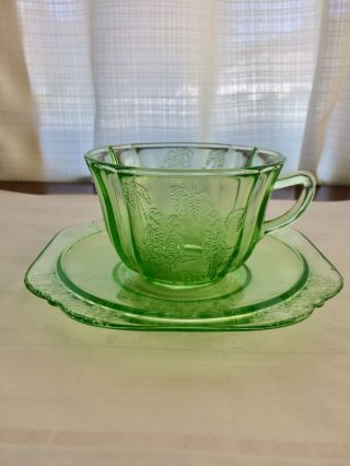 Federal Glass Green Parrot Cup And Saucer Set Rare And Gorgeous