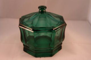 Green Glass Candy Box Dish W Lid Vtg Indiana Concord Heavy Octagonal Evergreen