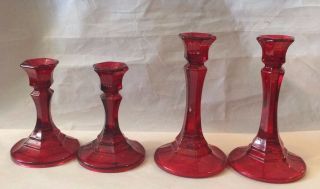 Two Pairs Of Red Glass Candle Holders Christmas Decor Decoration Approx.  6 " &5 "
