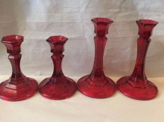 Two Pairs of Red Glass Candle Holders Christmas Decor Decoration Approx.  6 