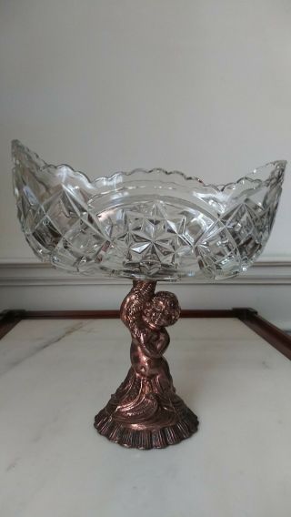 Vintage Heavy Cut Glass/crystal Bowl - Compote With Bronze Cherub Statue