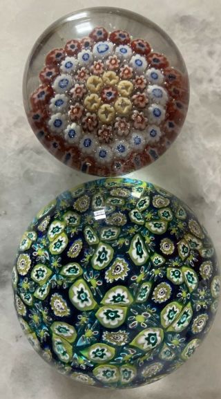 2 Vintage Murano Art Glass Millefiori Paperweight Multicolor Collectible - Italy