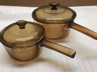 Vision Corning Ware Brown Amber Cookware Sauce Pan Pots 1l And 1.  5 L France Vtg