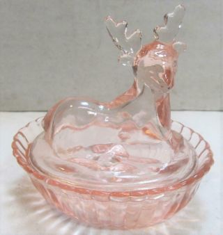 Vtg Aurora Pattern Pink Depression Glass Covered Candy Dish Deer Buck W Antlers
