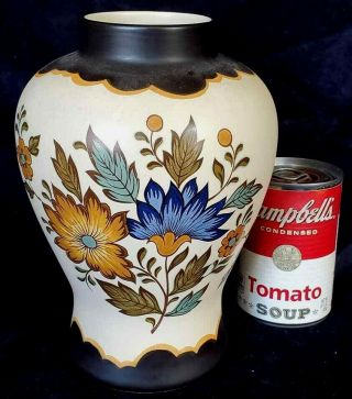 Large Gouda Pottery Flora Vase W Art Deco Flowers Hand Made
