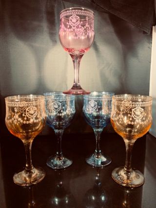 5 Vintage Italian Wine Glasses,  2 Blue,  2 Peach,  1 Purple,  6 1/2” High