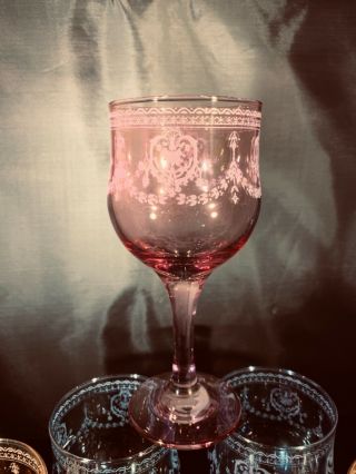 5 Vintage Italian wine glasses,  2 blue,  2 peach,  1 purple,  6 1/2” high 4