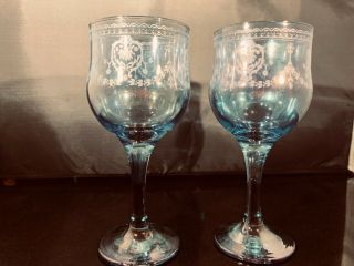 5 Vintage Italian wine glasses,  2 blue,  2 peach,  1 purple,  6 1/2” high 5