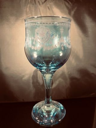 5 Vintage Italian wine glasses,  2 blue,  2 peach,  1 purple,  6 1/2” high 6