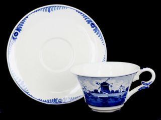 Vintage Delft Hand Painted In Holland Blue Windmill Fine China Tea Cup & Saucer