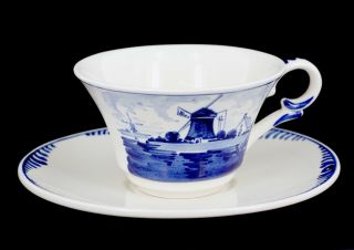 Vintage Delft Hand Painted In Holland Blue Windmill Fine China Tea Cup & Saucer 2