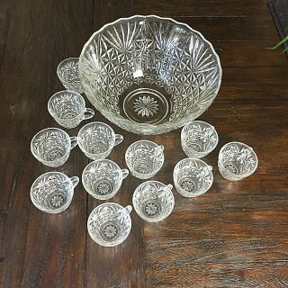 Anchor Hocking Arlington Punch Set Glass Punch Bowl With 12 Punch Cups