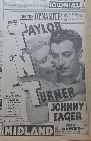 Large 1947 Newspaper Ad For Movie Johnny Eager - Robert Taylor,  Lana Turner