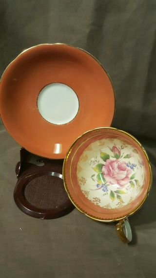 Aynsley Tea Cup & Saucer Orange With Large Pink Rose Gold Trim England
