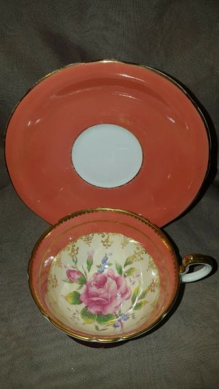 AYNSLEY TEA CUP & SAUCER ORANGE WITH LARGE PINK ROSE GOLD TRIM ENGLAND 2