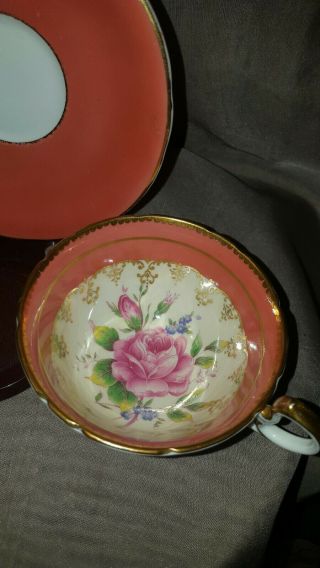 AYNSLEY TEA CUP & SAUCER ORANGE WITH LARGE PINK ROSE GOLD TRIM ENGLAND 4