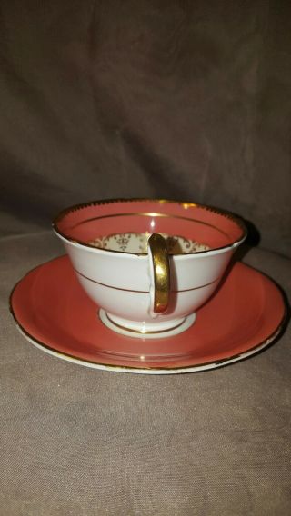 AYNSLEY TEA CUP & SAUCER ORANGE WITH LARGE PINK ROSE GOLD TRIM ENGLAND 7