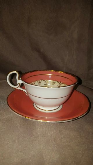 AYNSLEY TEA CUP & SAUCER ORANGE WITH LARGE PINK ROSE GOLD TRIM ENGLAND 8