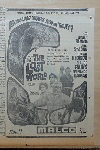 Large 1960 Newspaper Ad For Movie The Lost World - 150,  000 Years Ago Or Today?