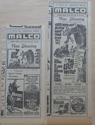 Two 1960 Newspaper Ads For Movie The Lost World - A Prehistoric World Alive Today