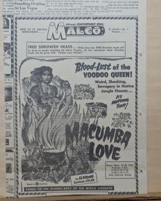 1960 Newspaper Ad For Movie Macumba Love - Thrill To Demon Rites Of Witch Goddess